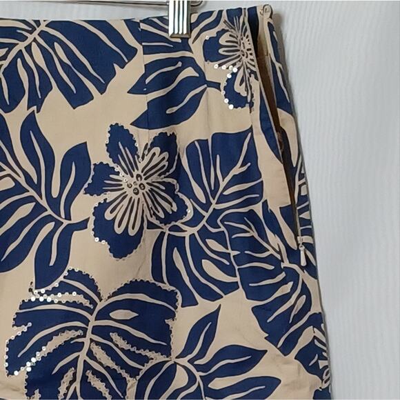 Talbots Stretch Floral Skirt Tan and Blue With Sequins. Size 16 - Picture 3 of 14